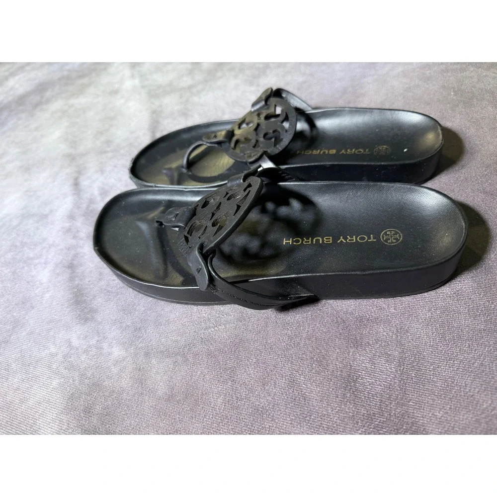 Tory Burch Miller Cloud Black Leather Logo Thong Sandals Womens 9